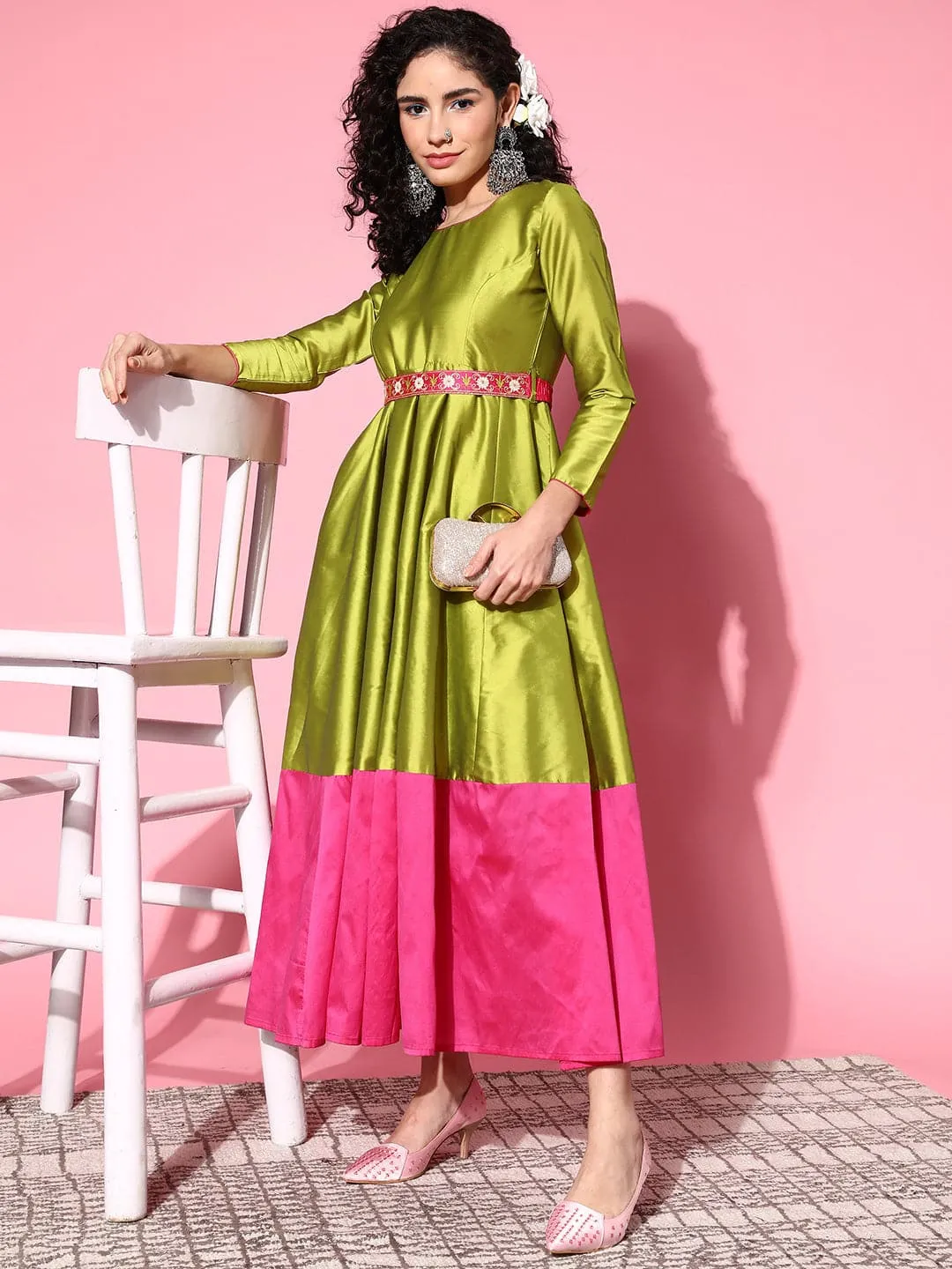 Women Green Contrast Border Anarkali Maxi Dress