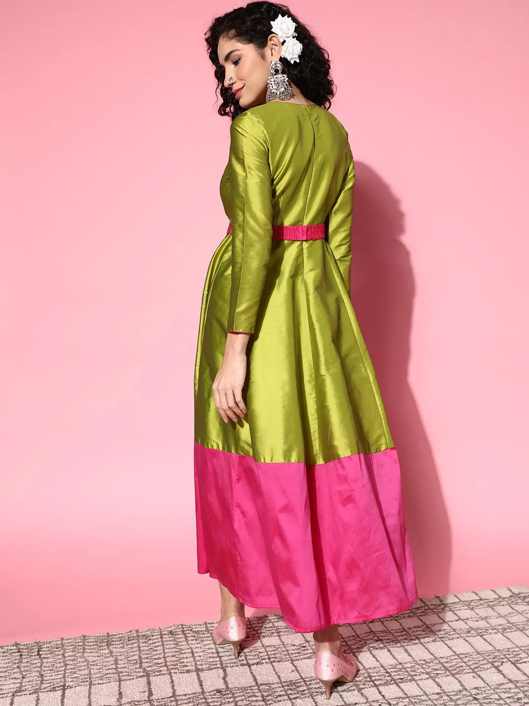 Women Green Contrast Border Anarkali Maxi Dress