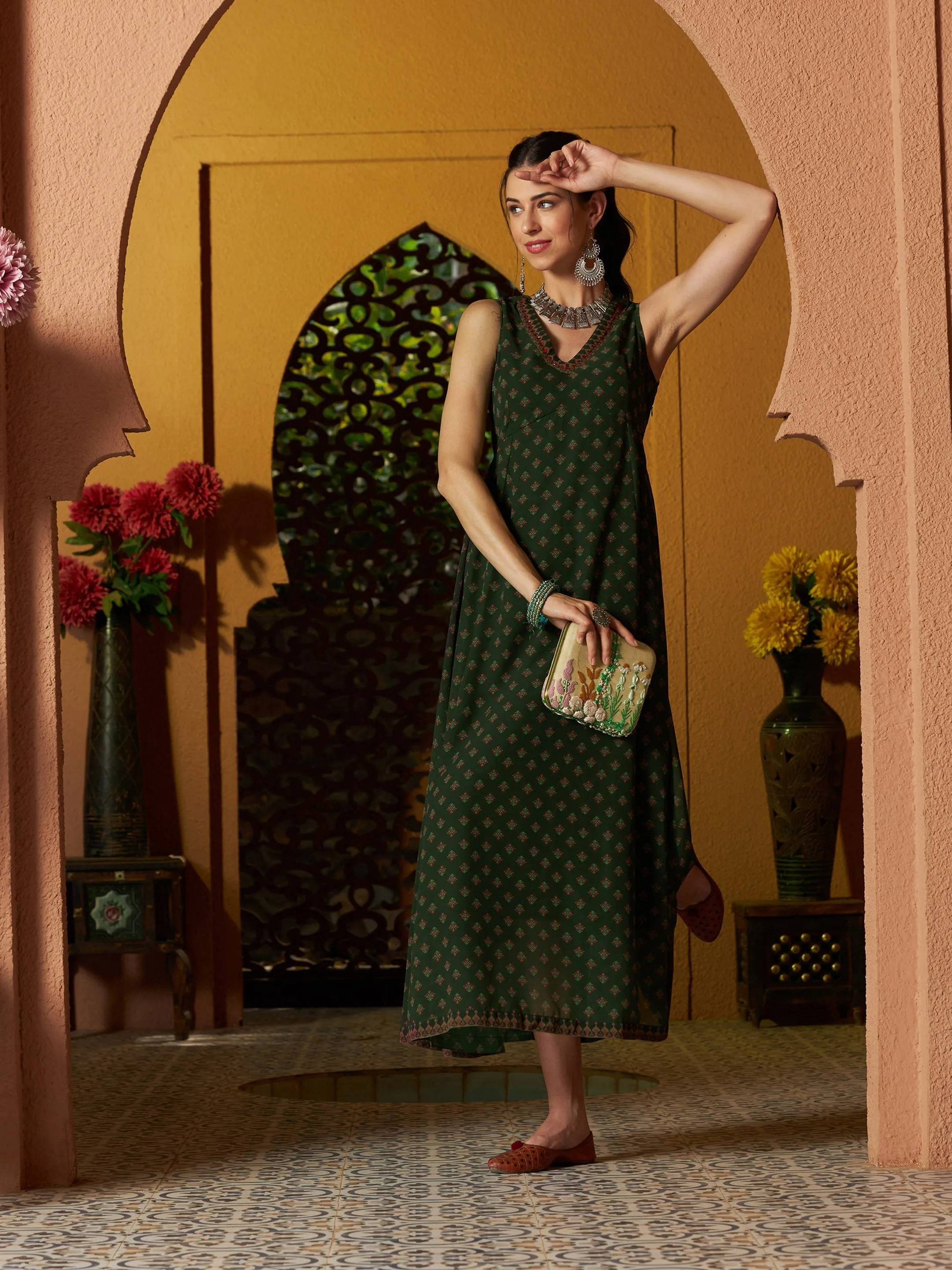 Women Green Floral Slant Empire Seam Maxi Dress