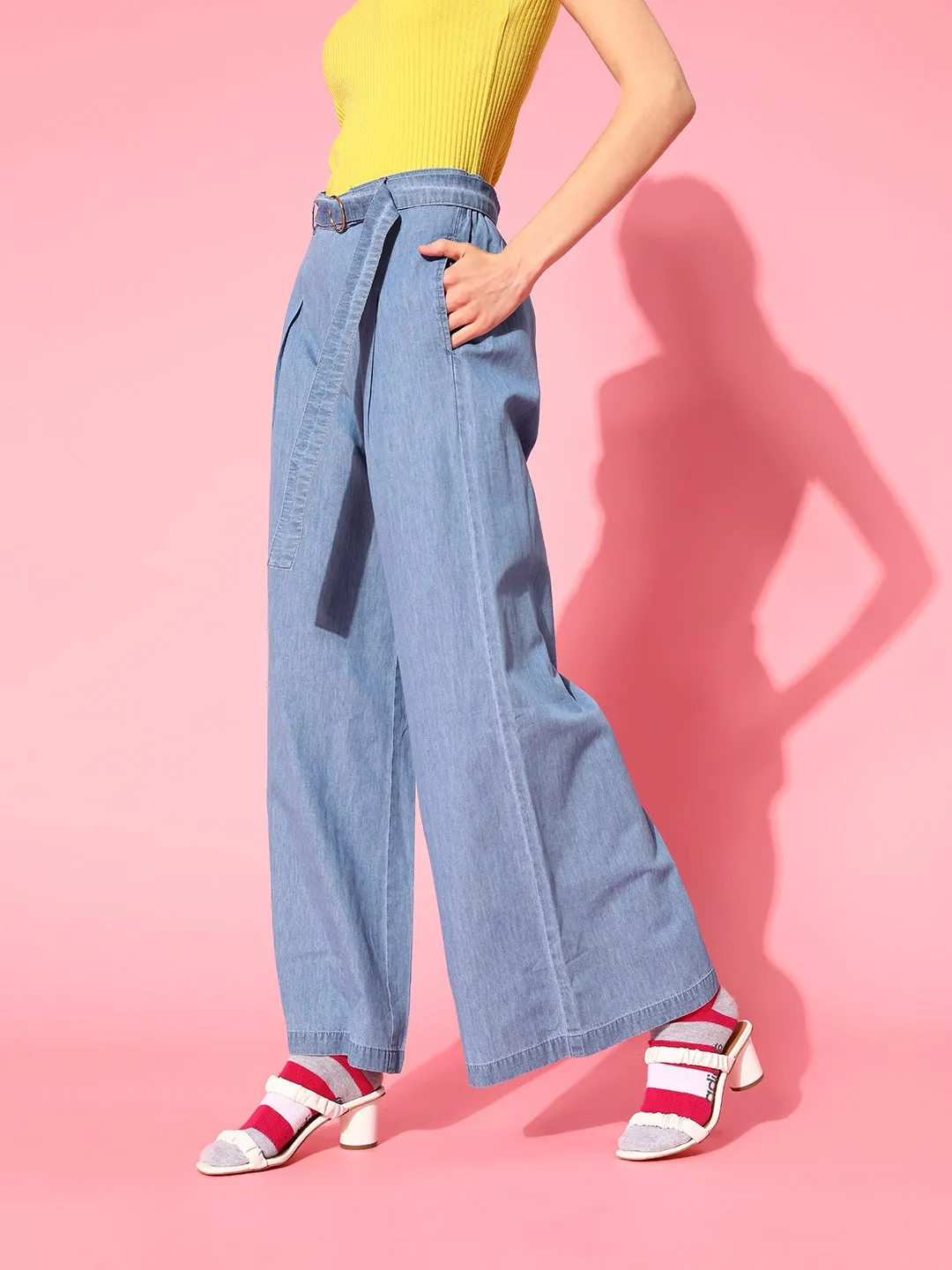 Women Ice Blue Denim Flared Belted Pants