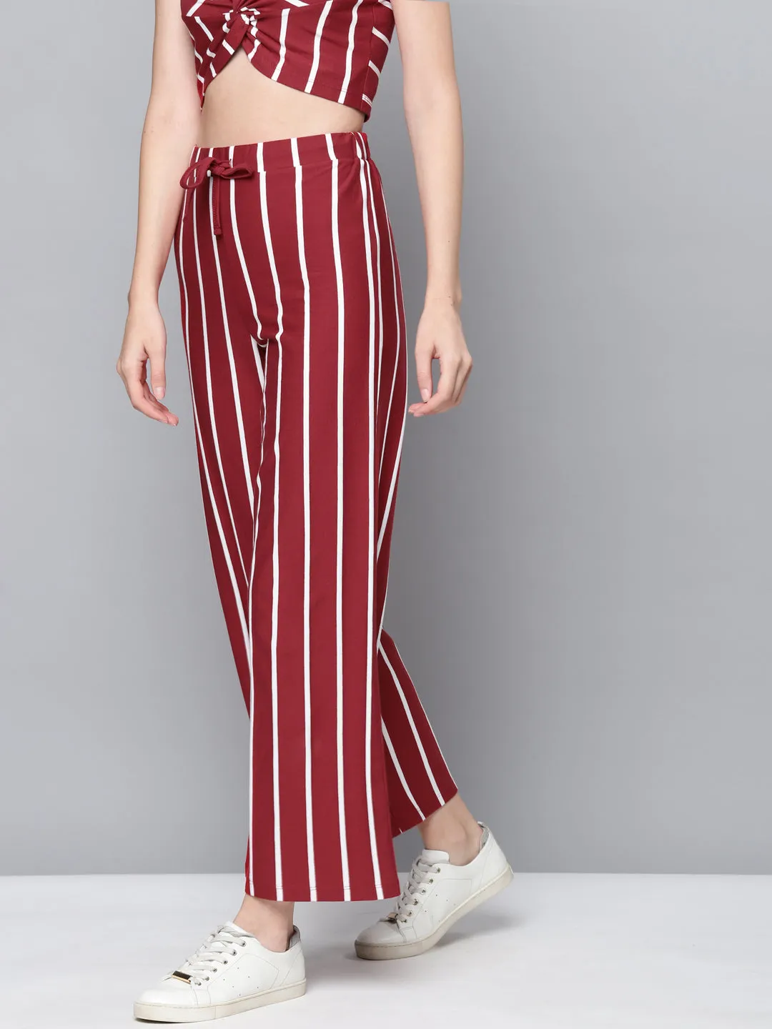 Women Maroon Stripes Drawstring Wide Leg Pants