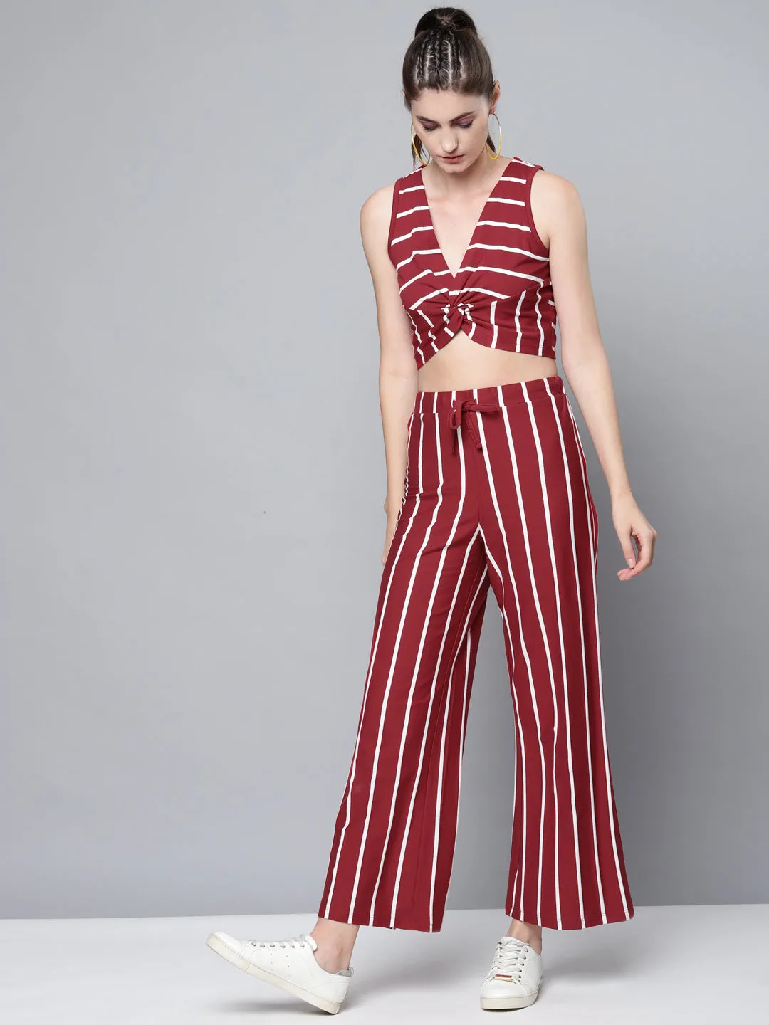 Women Maroon Stripes Drawstring Wide Leg Pants