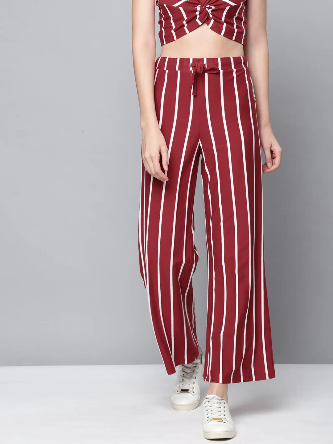 Women Maroon Stripes Drawstring Wide Leg Pants