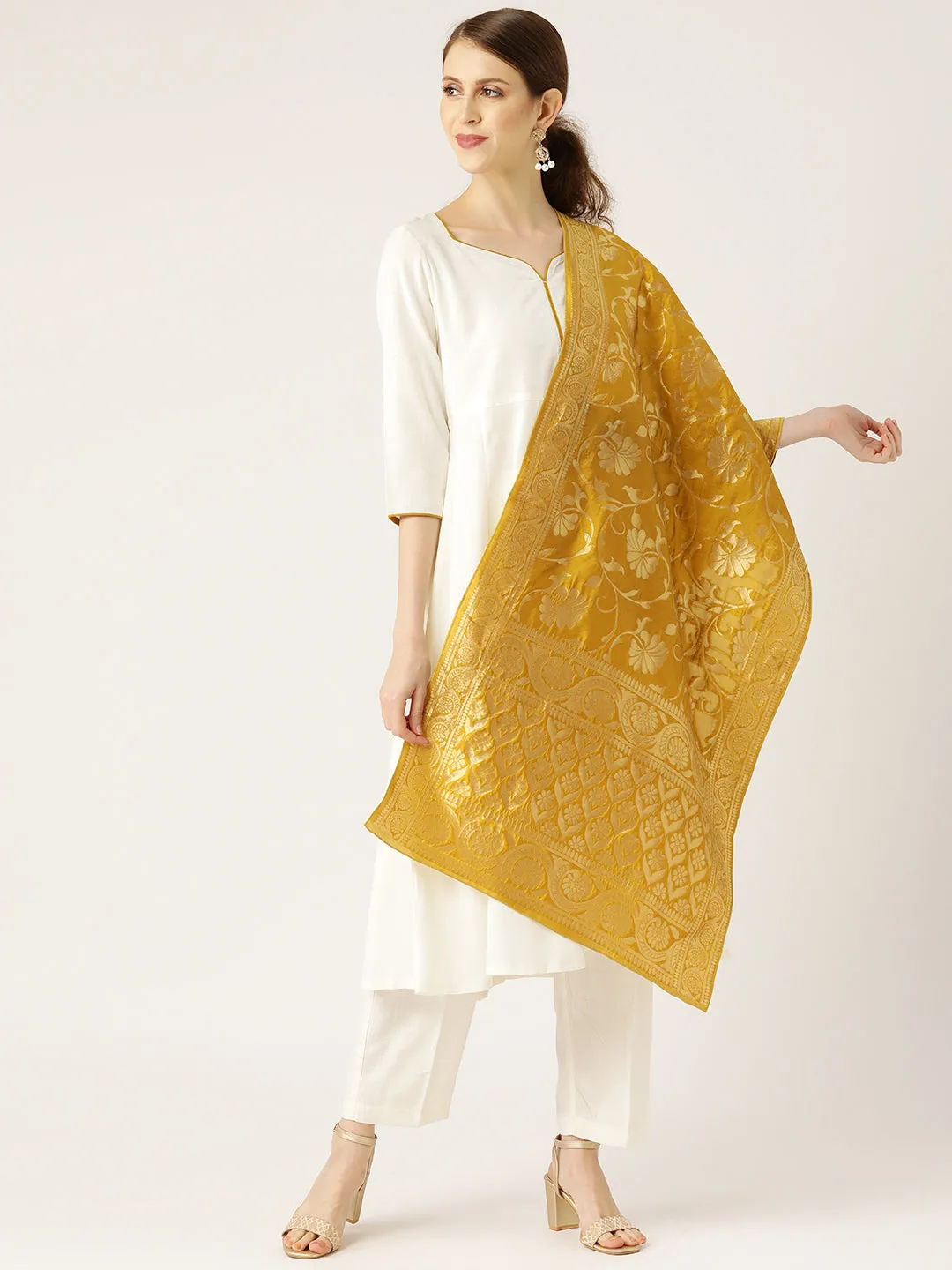 Women Off White Anarkali With Pants & Golden Brocade Dupatta