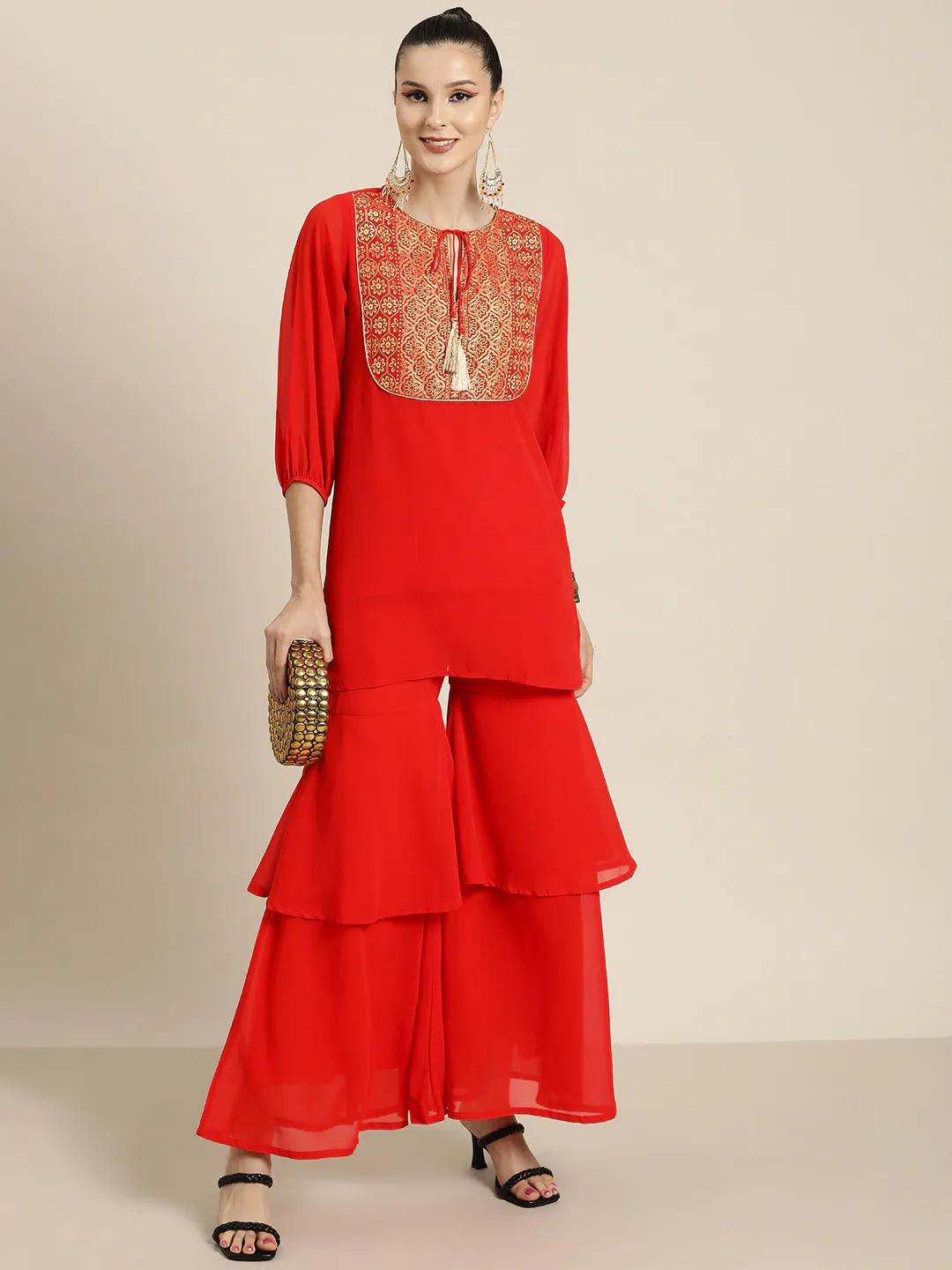 Women Red Layered Sharara Pants