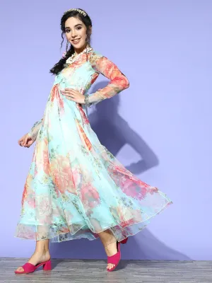 Women Sea Green Organza Floral Anarkali Maxi Dress