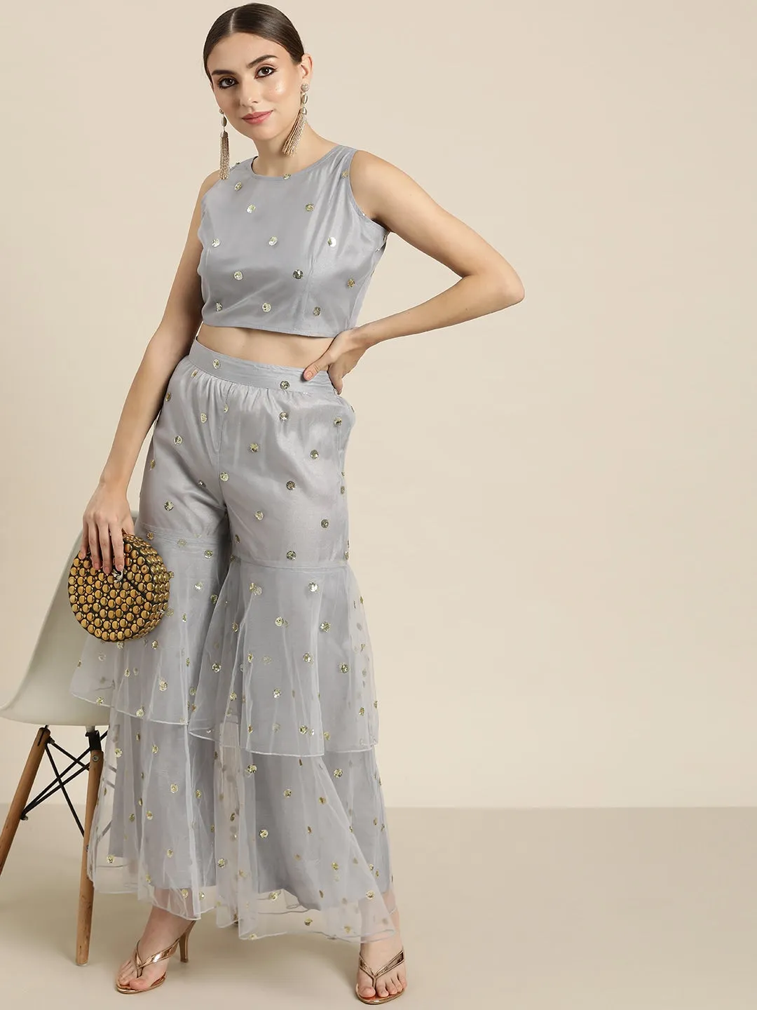 Women Steel Grey Tulle Frilly Sharara Pants