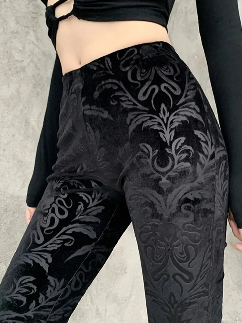 Women Victorian Goth Suede Embossed Flared Pants