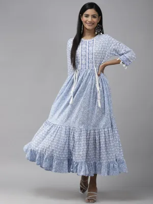 Women White & Blue Ethnic Motifs Tiered Maxi Dress