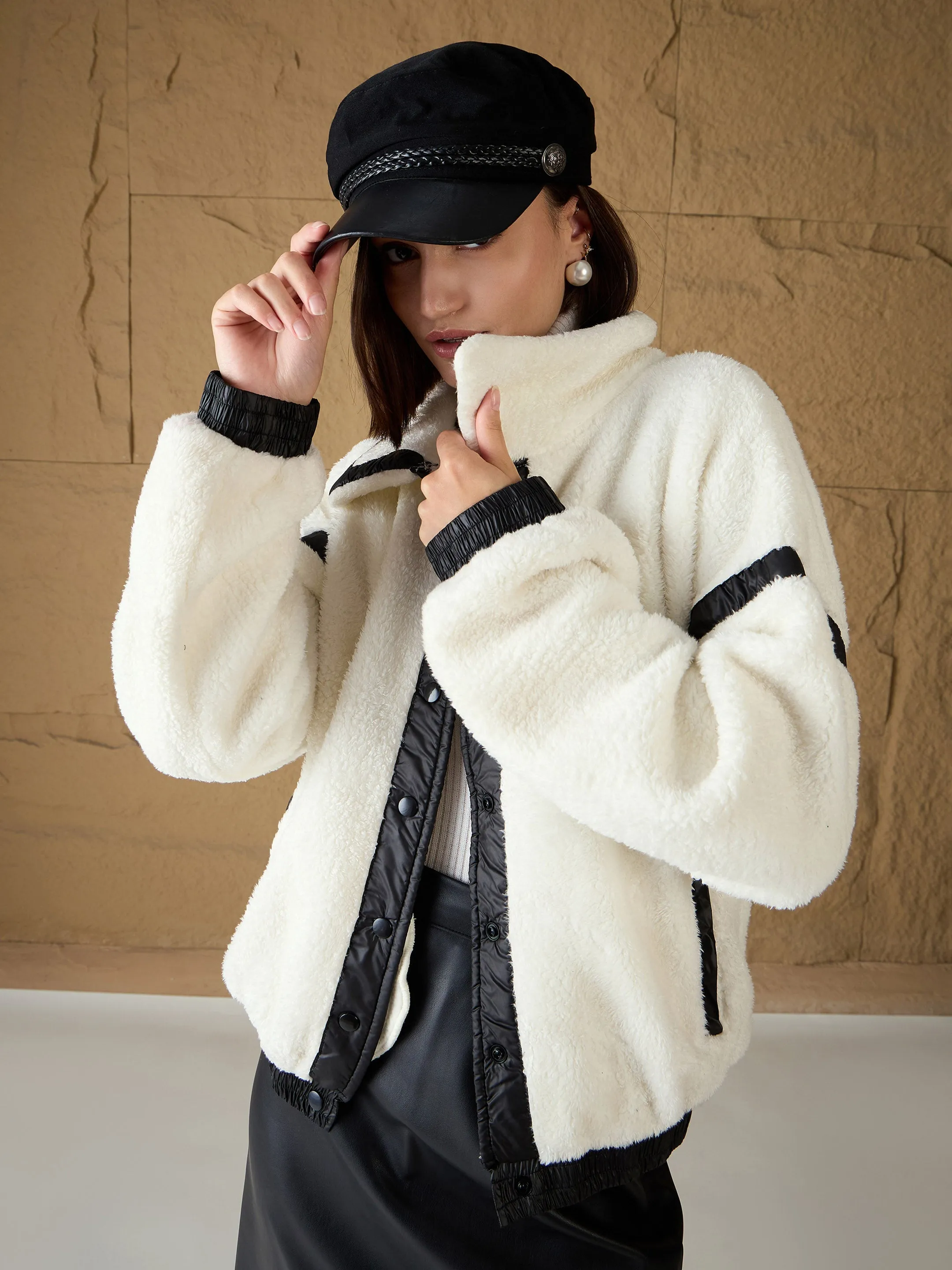 Women White Fur Contrast Tape Detail Jacket