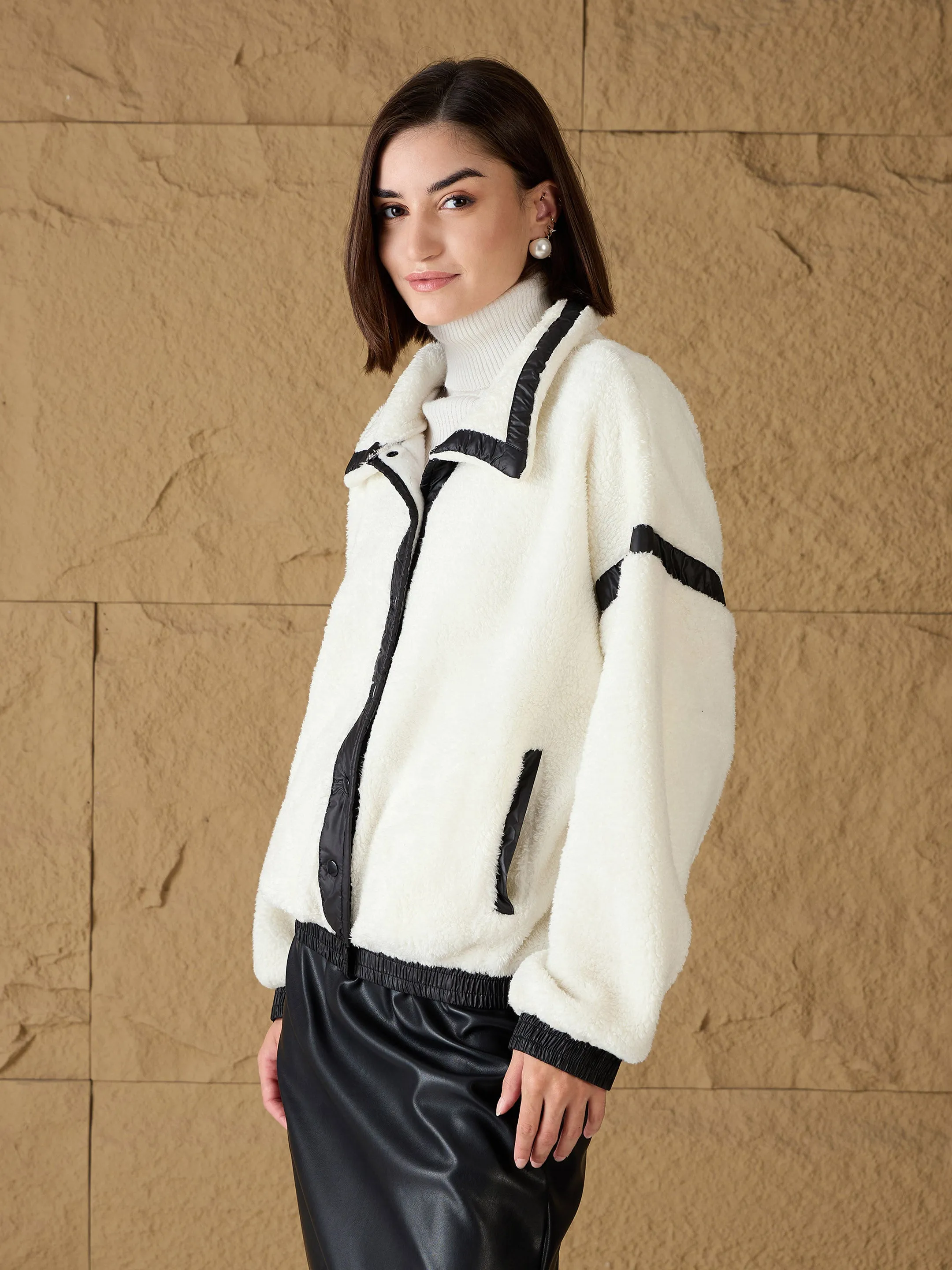 Women White Fur Contrast Tape Detail Jacket