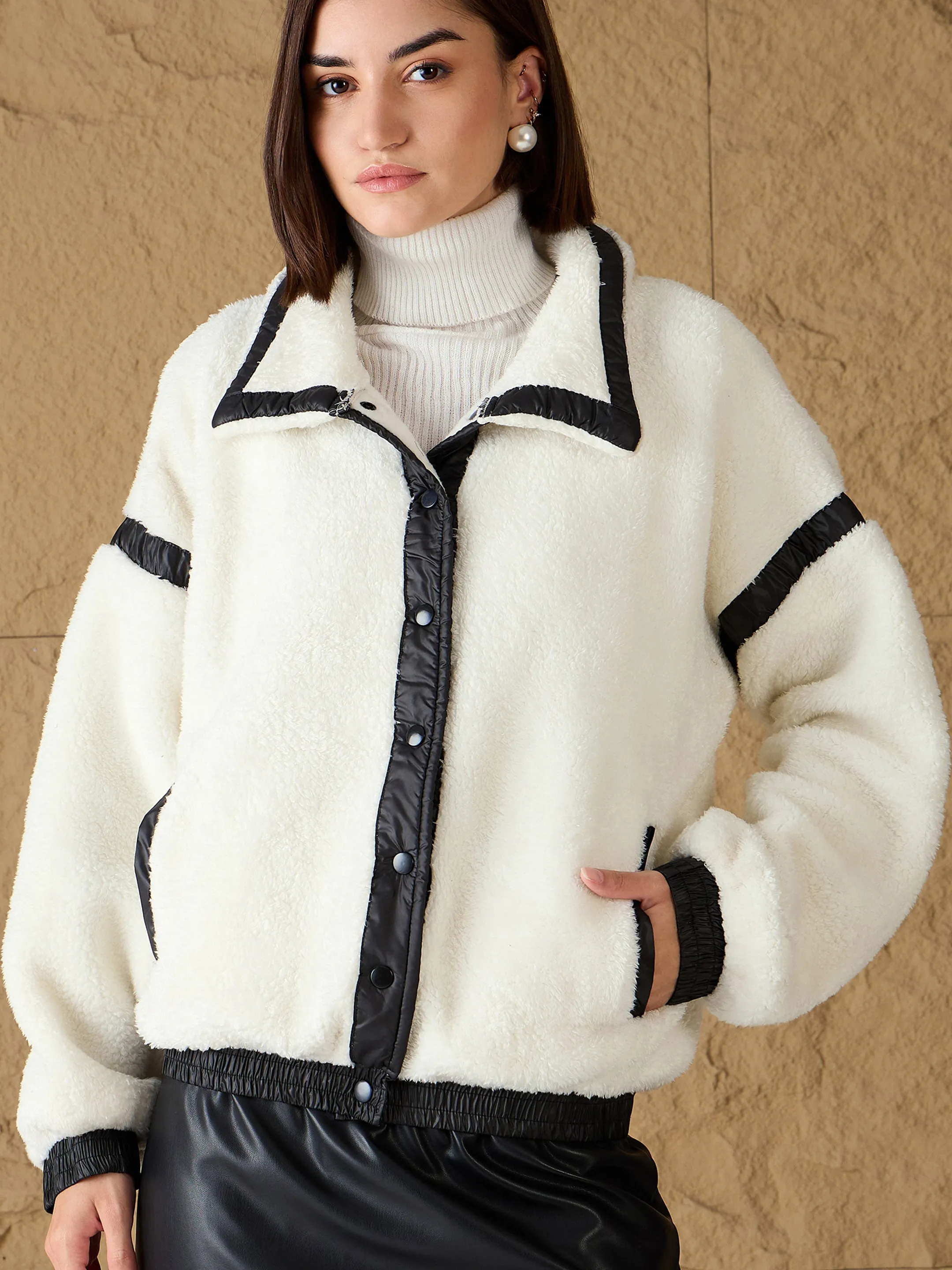 Women White Fur Contrast Tape Detail Jacket