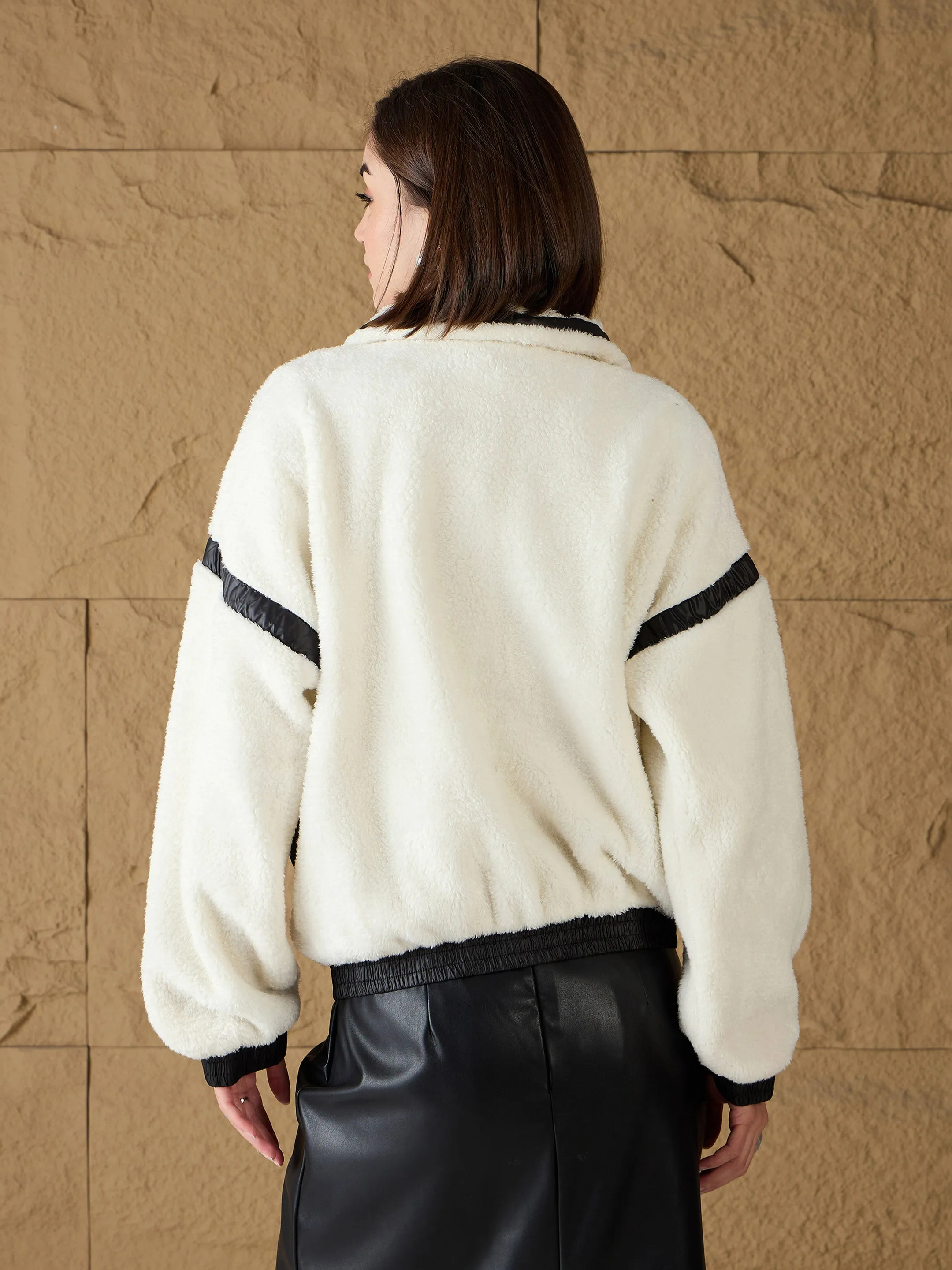 Women White Fur Contrast Tape Detail Jacket