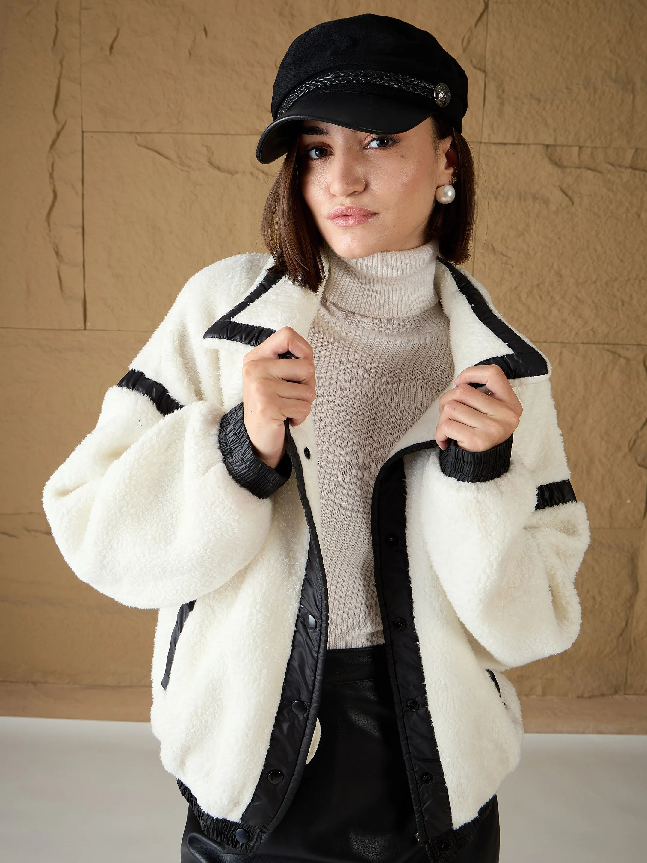 Women White Fur Contrast Tape Detail Jacket