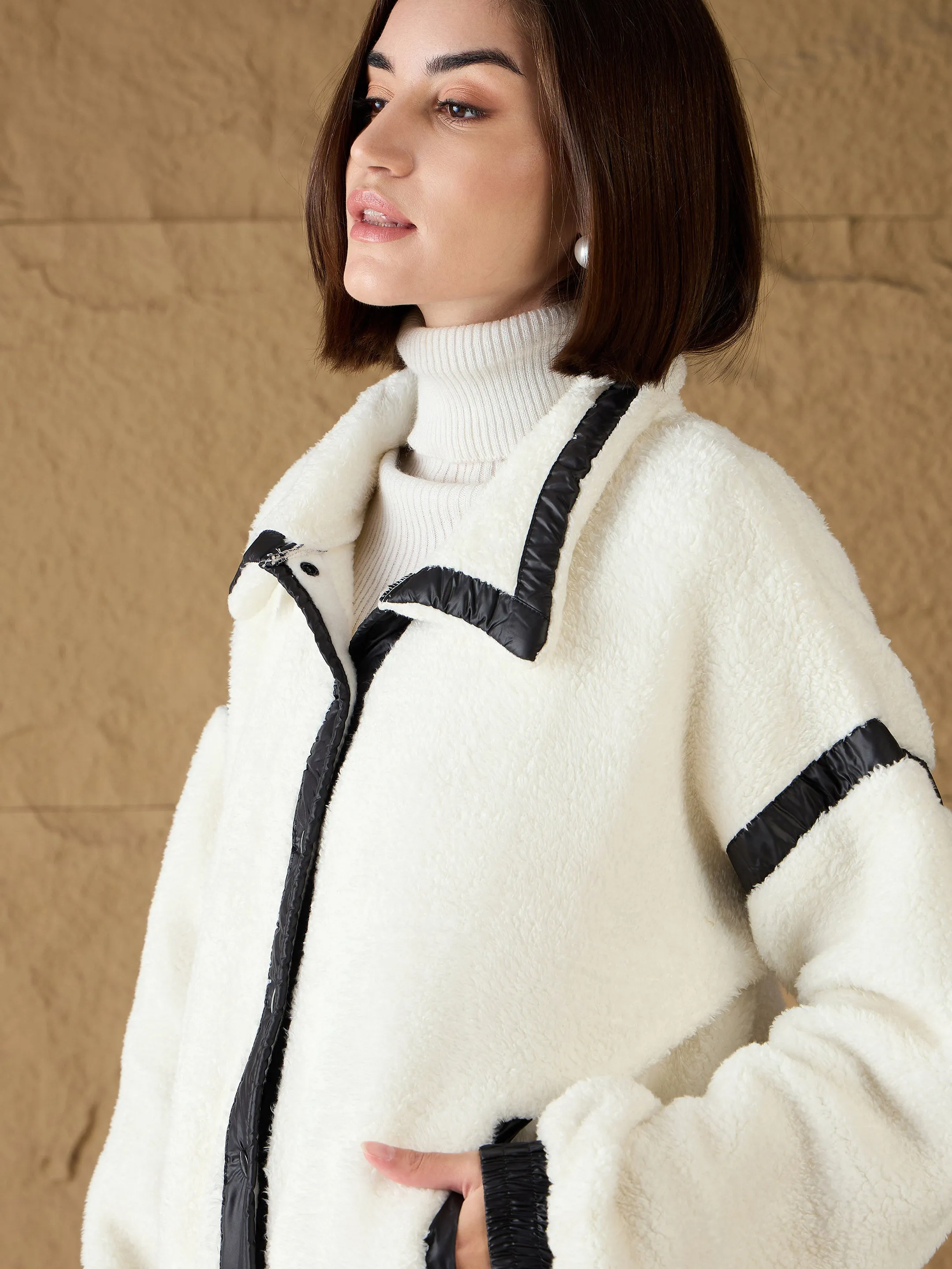 Women White Fur Contrast Tape Detail Jacket