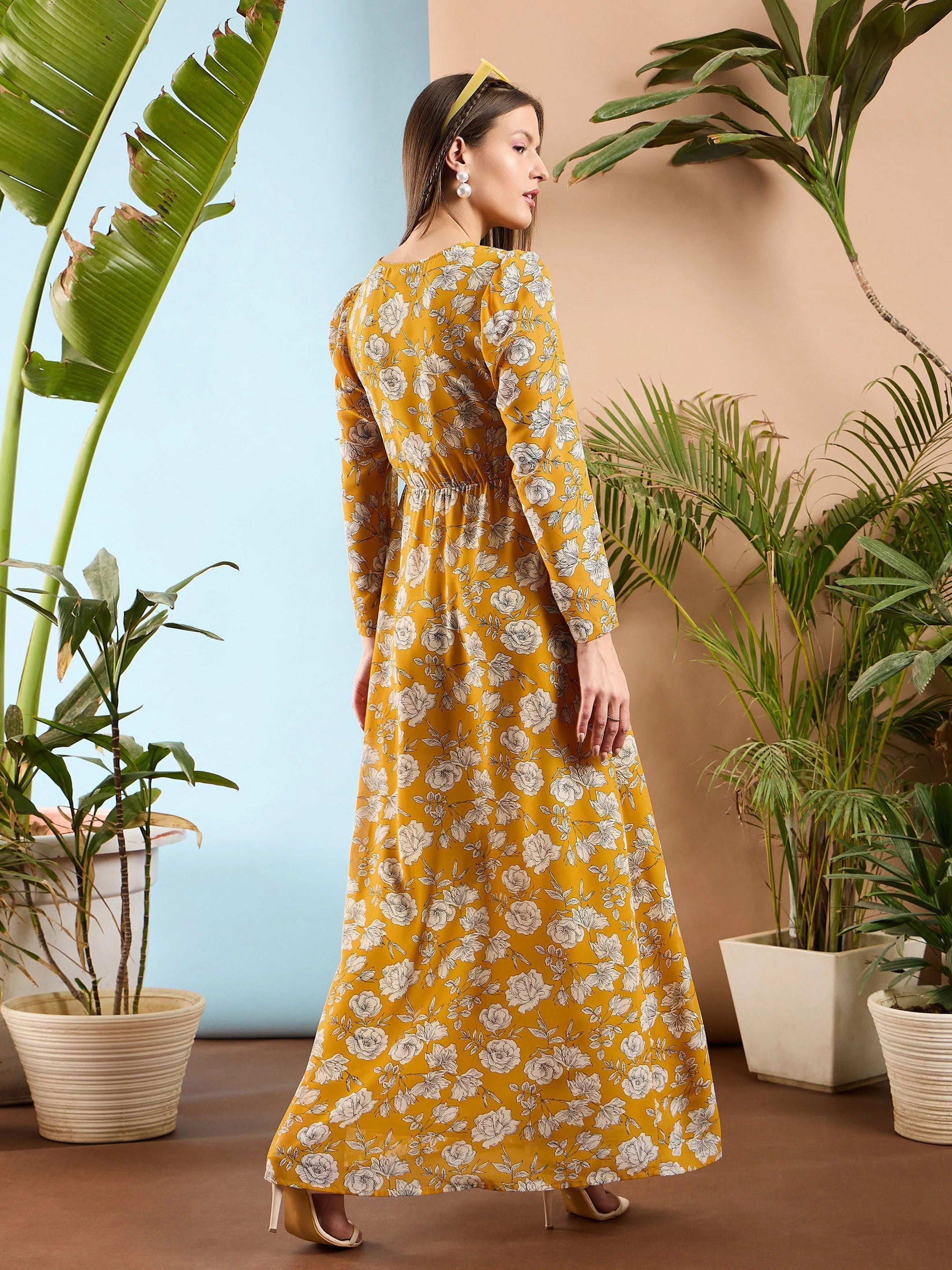 Women Yellow Floral Front Twisted Maxi Dress