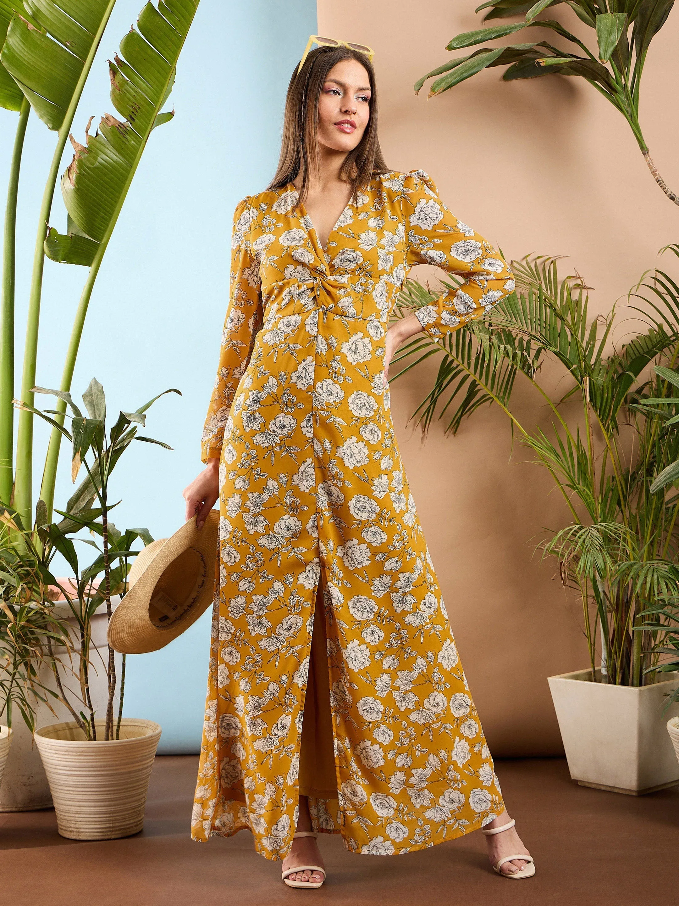 Women Yellow Floral Front Twisted Maxi Dress