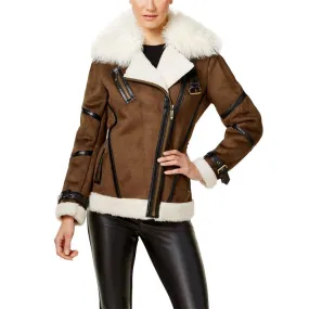 Womens Brown Bomber Asymmetrical Shearling Leather Jacket