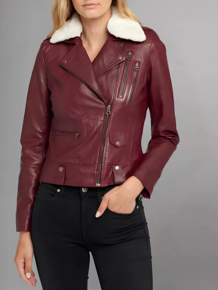 WOMEN'S FUR COLLAR MAROON LEATHER JACKET